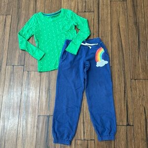 Girls Mini Boden Green Star Shirt and Navy Rainbow Pants Outfit 7-8